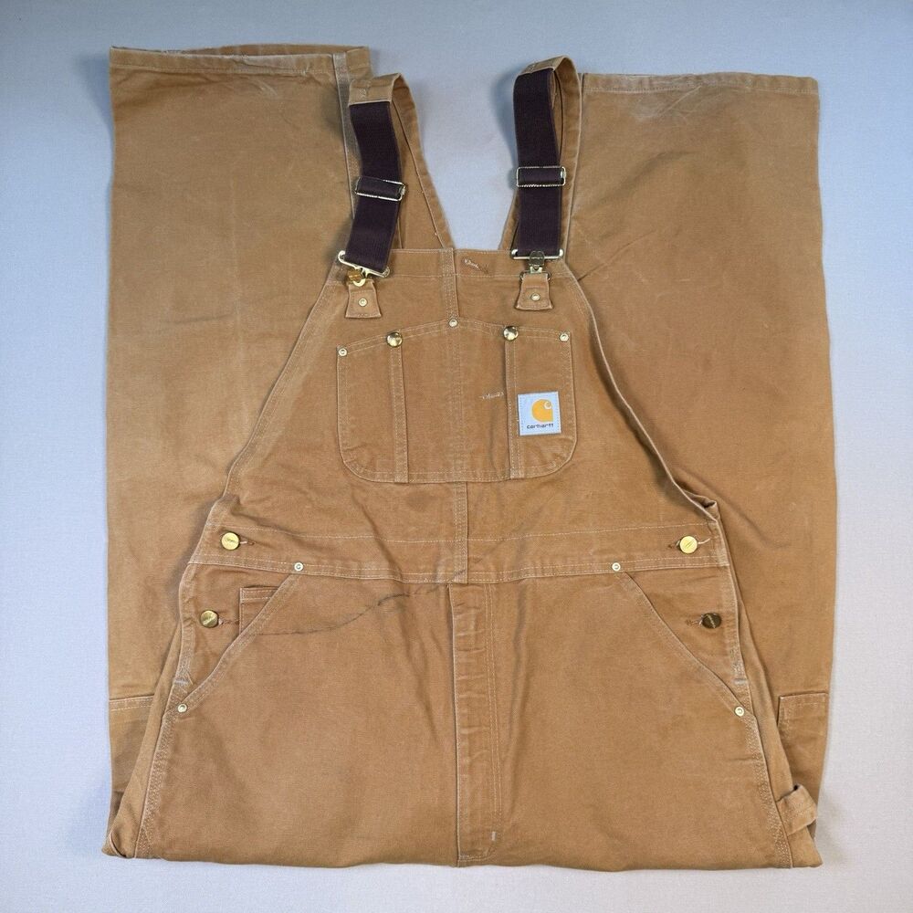 Carhartt R01 BRN Duck Bib Overalls 40x32 Brown Double Knee Unlined Workwear